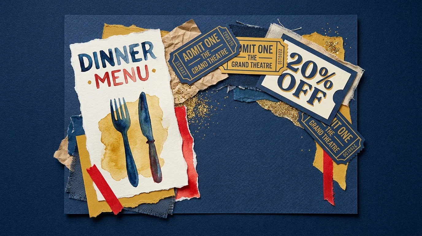 A colorful collage of movie tickets and a restaurant menu, symbolizing entertainment savings for retirees.