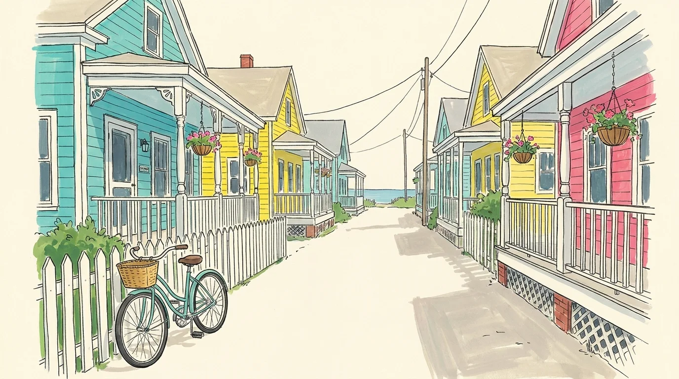 A colorful gouache illustration of a charming residential street with cottages in Bay St. Louis, Mississippi.