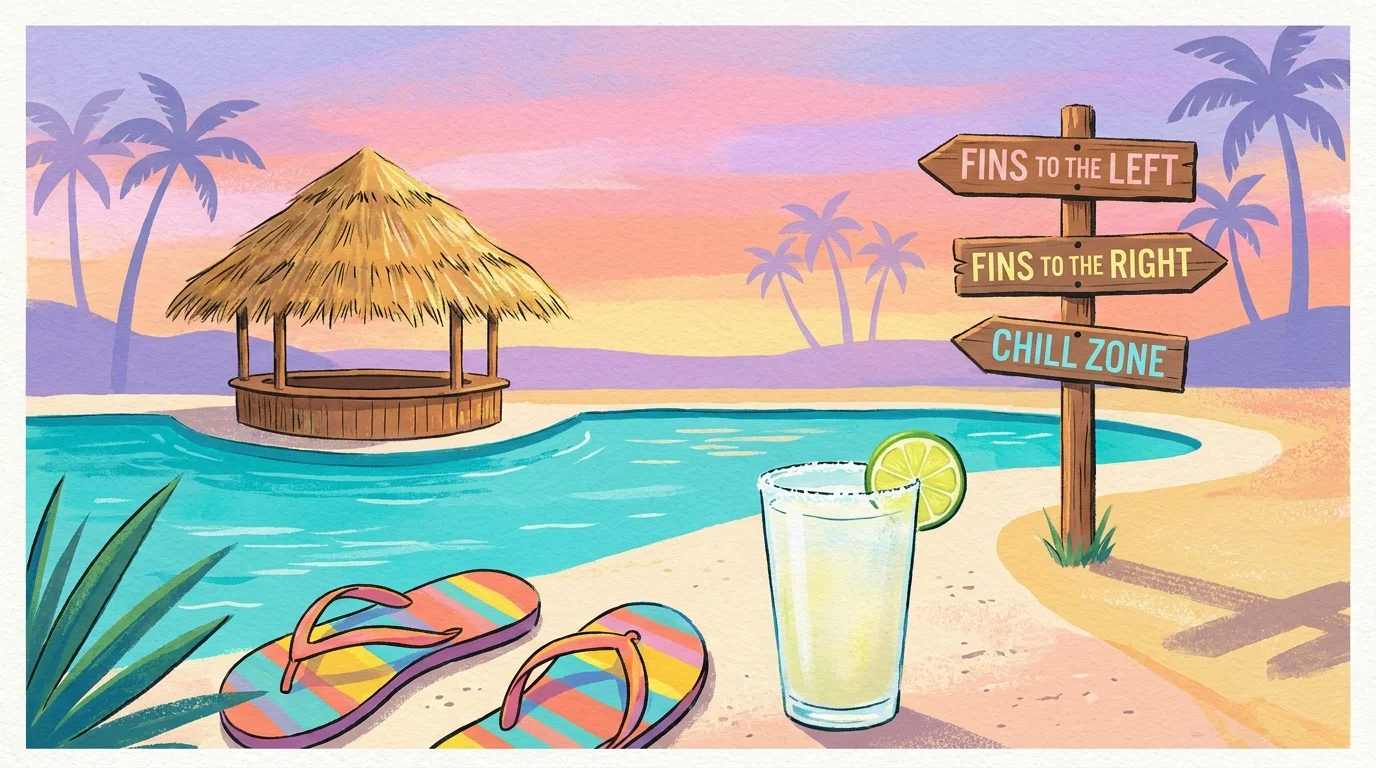 A colorful gouache illustration of a tropical resort pool with a tiki bar and a sunset sky.