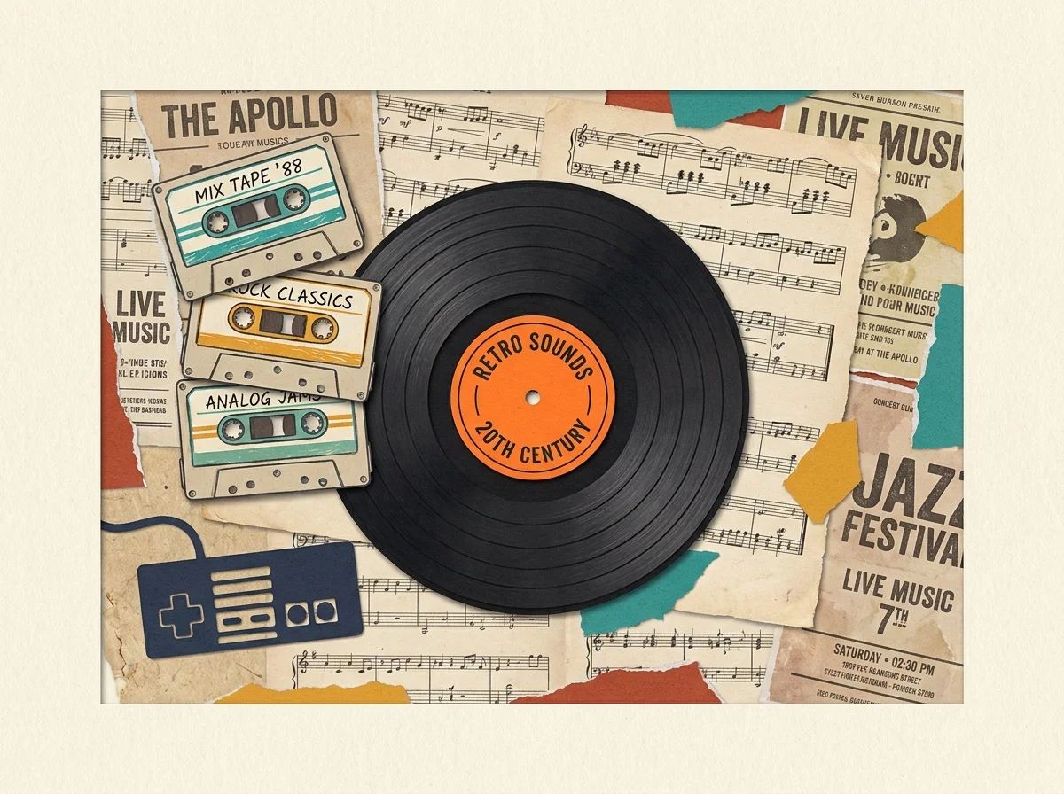 A colorful paper-craft collage featuring a vinyl record, cassette tapes, and a retro video game controller.