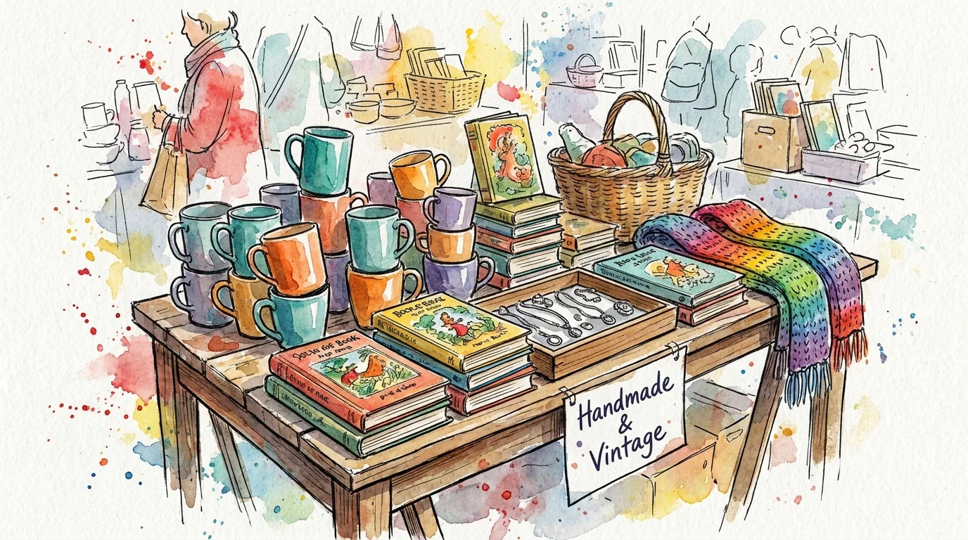 A colorful watercolor illustration of a market stall filled with handmade pottery, vintage books, and jewelry.