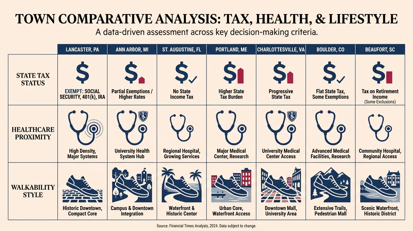 A comparison chart of the seven retirement towns based on tax status, healthcare, and walkability.