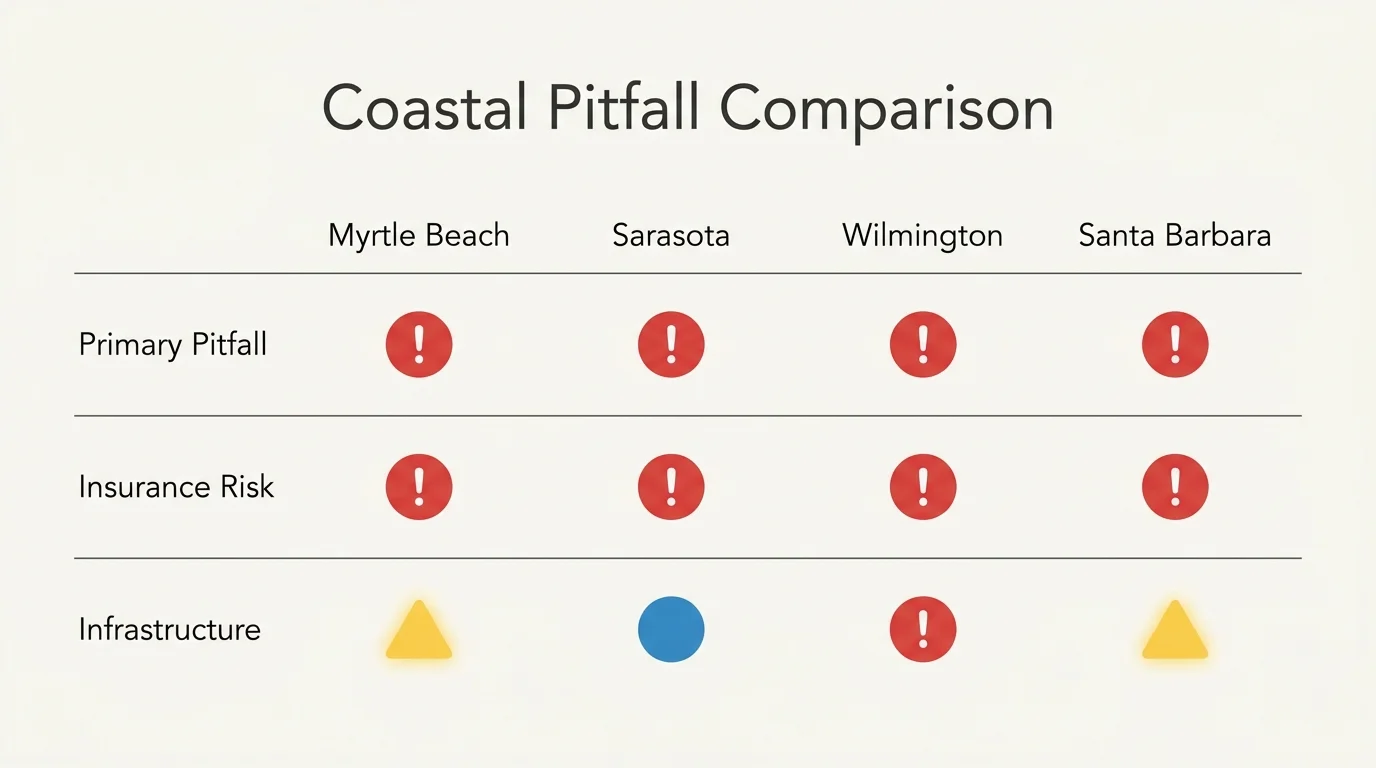 A comparison chart showing different risks like insurance and infrastructure across four coastal cities.
