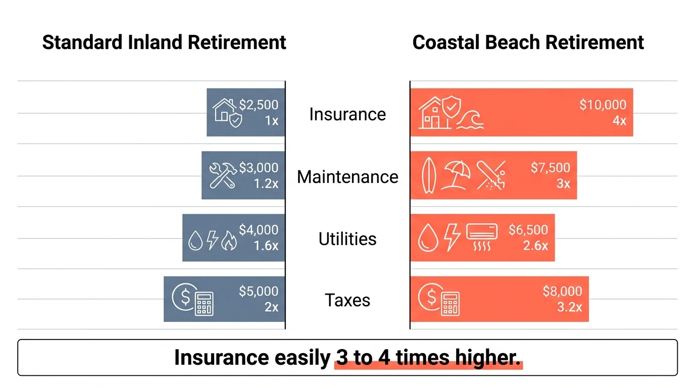A comparison chart showing much higher insurance, maintenance, and tax costs for coastal retirement versus inland.