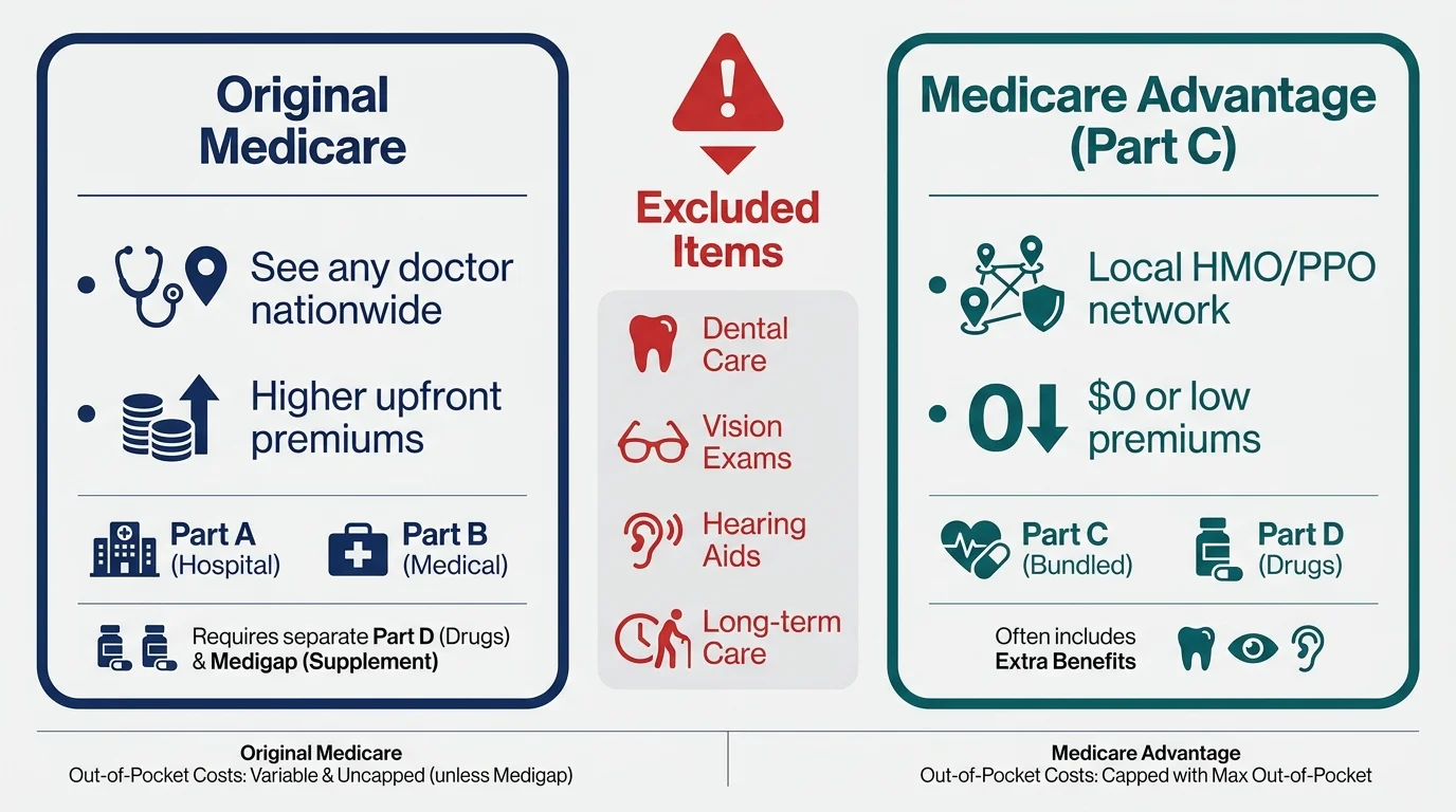 A comparison chart showing the differences between Original Medicare and Medicare Advantage, highlighting what is not covered.