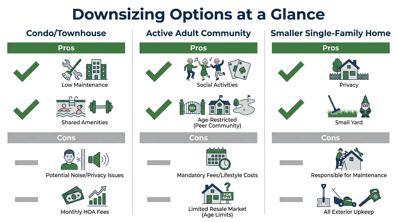 A comparison chart showing the different features of condos, active adult communities, and smaller homes.