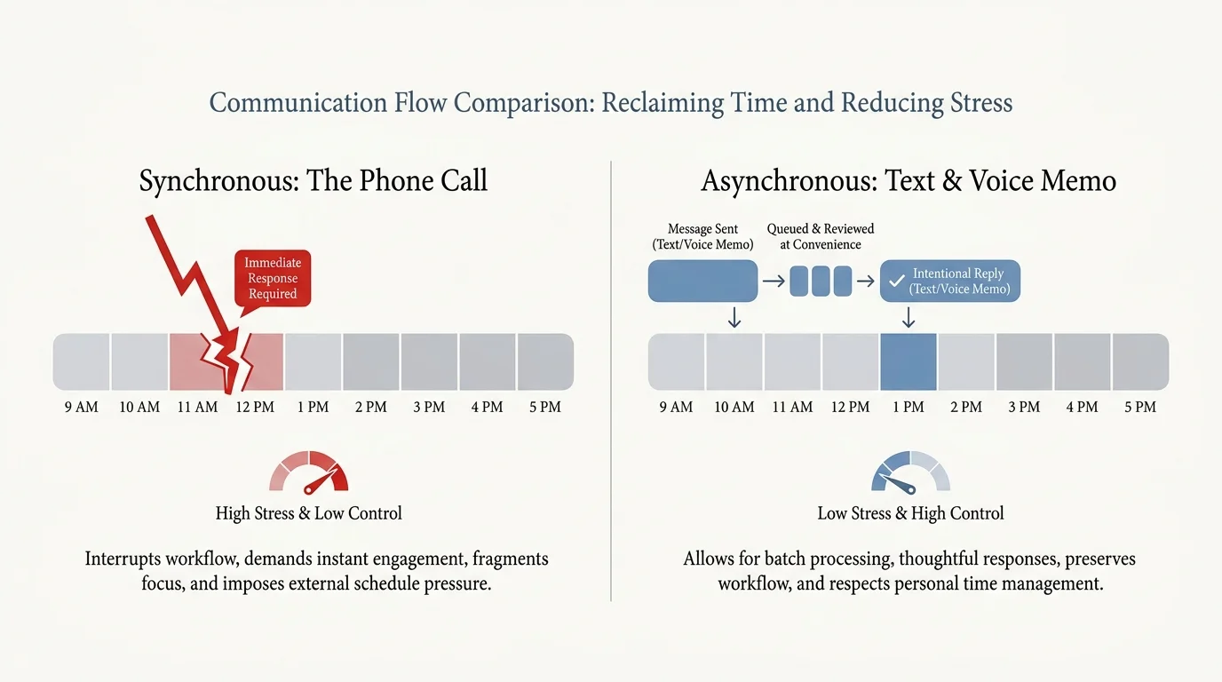 A comparison diagram showing the stress of an immediate phone call versus the flexibility of asynchronous texting.