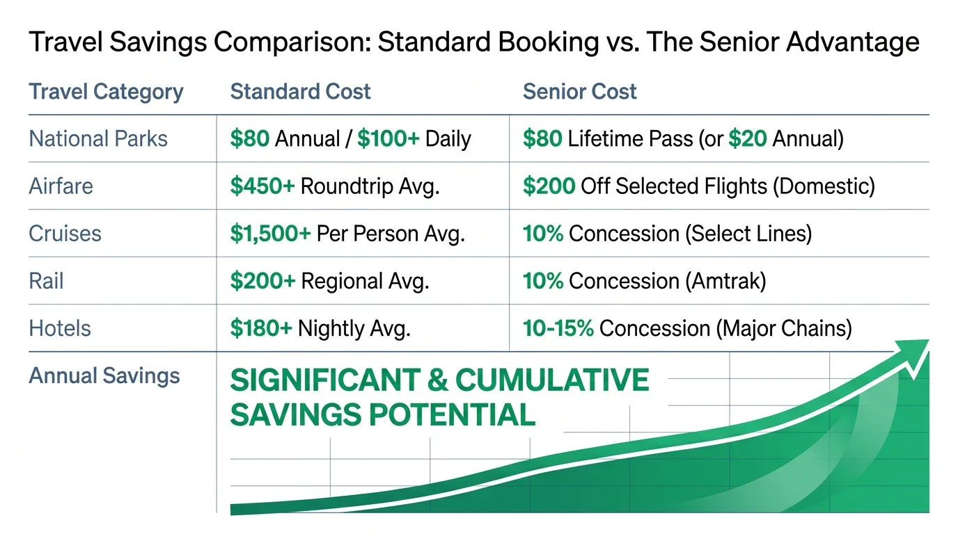 A comparison table showing the cost savings of senior travel strategies across different categories.