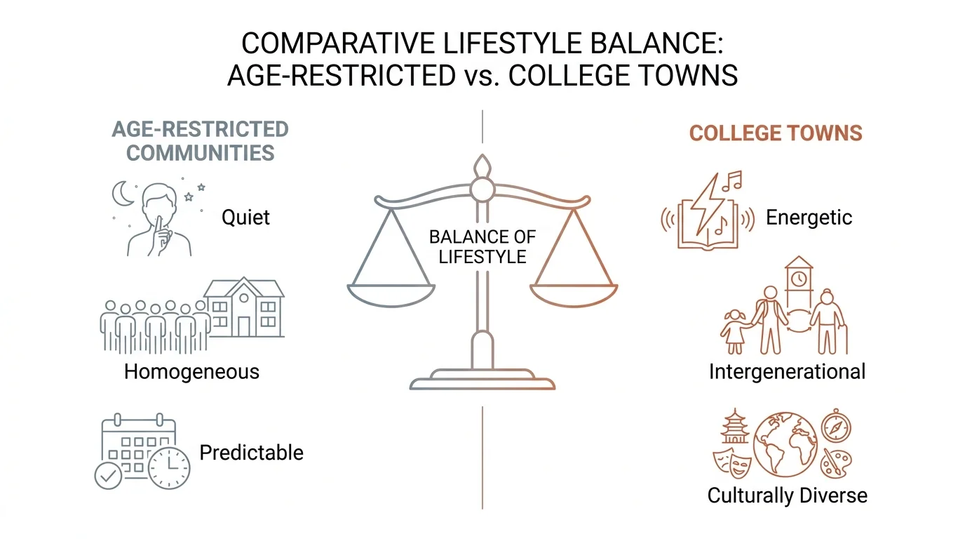A comparison table showing the differences between age-restricted communities and vibrant college towns.