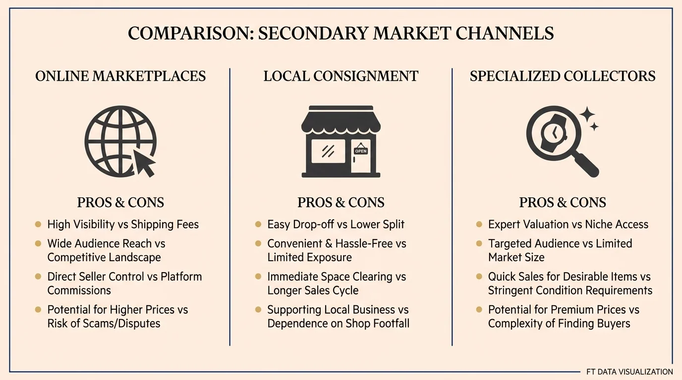 A comparison table showing the pros and cons of selling items online versus through local consignment or specialized collectors.