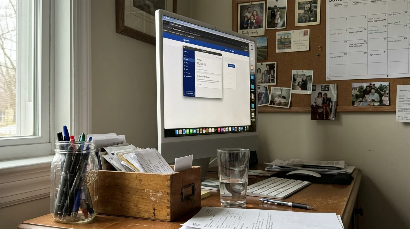 A computer screen showing a bank account labeled 24-Month Cash Buffer in a sunlit home office.