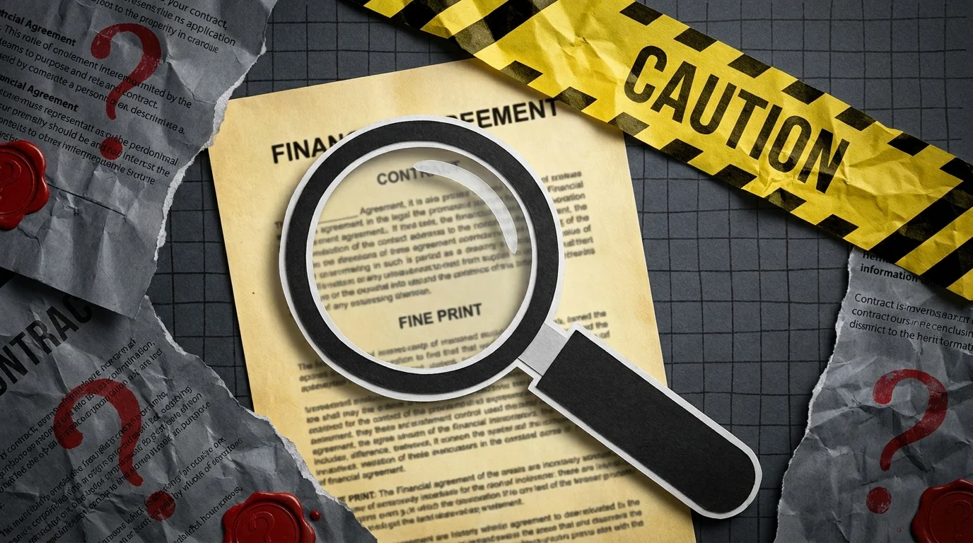 A conceptual collage with a magnifying glass over fine print and yellow caution tape, symbolizing financial vigilance.