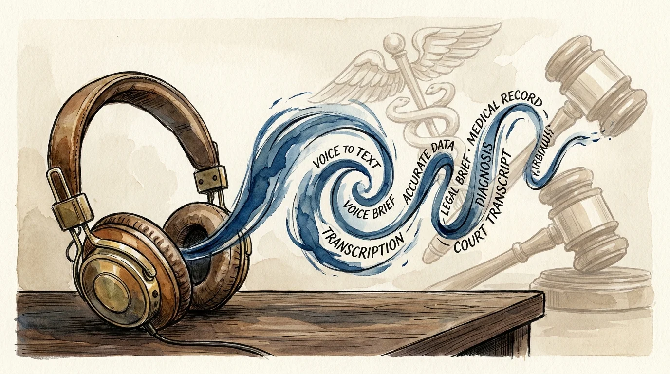 A conceptual illustration of sound waves from headphones turning into written text on a desk.