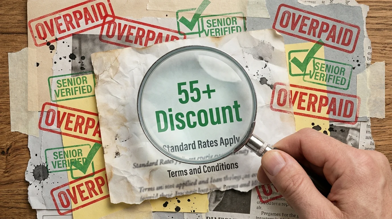 A conceptual image of a magnifying glass uncovering hidden senior discounts in the fine print of a travel contract.