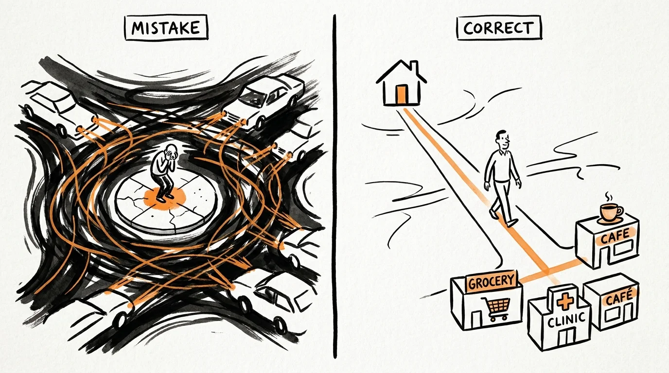 A conceptual ink drawing comparing the isolation of car-dependent suburbs with the connectivity of a walkable town.