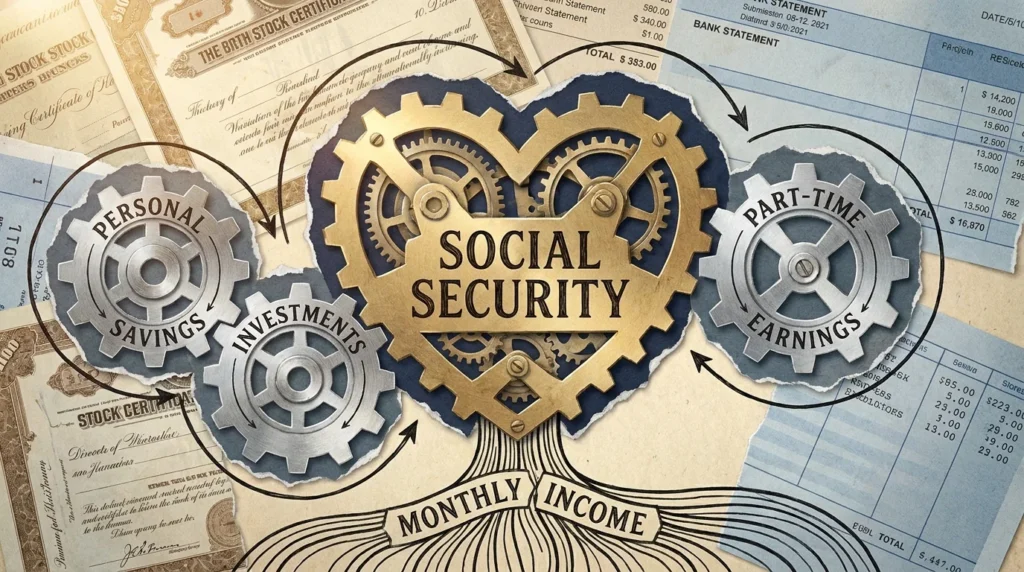 A conceptual mixed media image showing Social Security as the main gear in a larger system of retirement income.