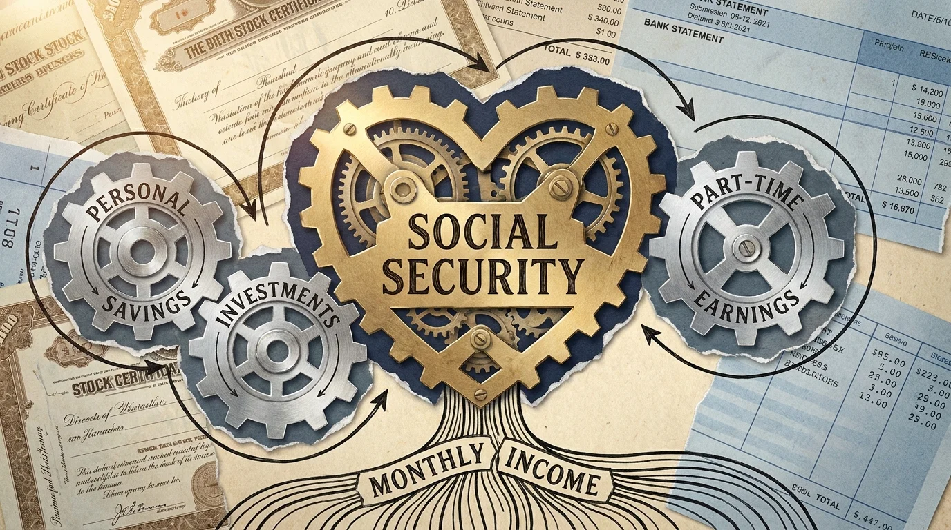 A conceptual mixed media image showing Social Security as the main gear in a larger system of retirement income.