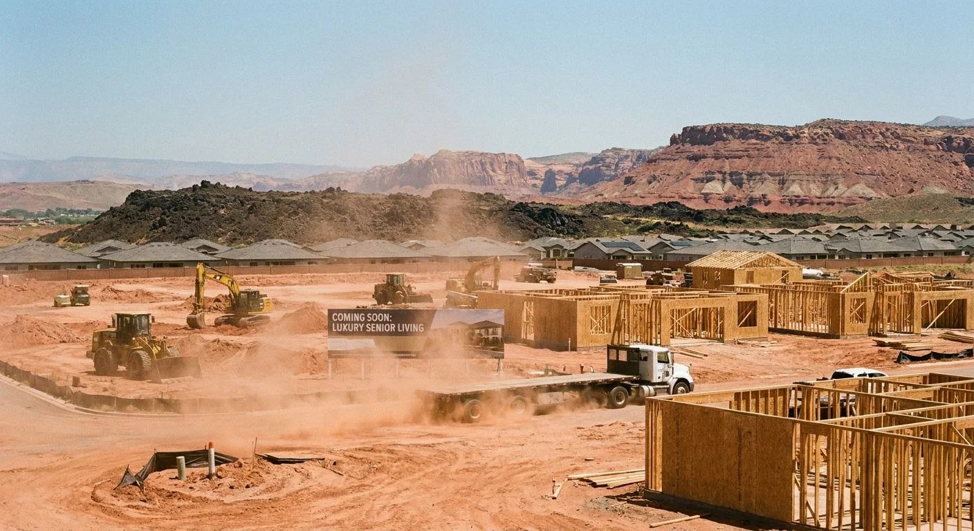 A construction site for new homes in St. George, Utah, with red rock mountains in the background and dust in the air.