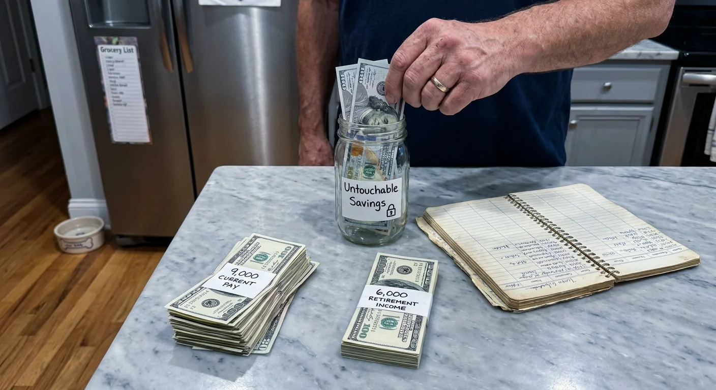 A countertop showing two stacks of cash labeled $9,000 and $6,000, with a hand moving money into a savings jar.