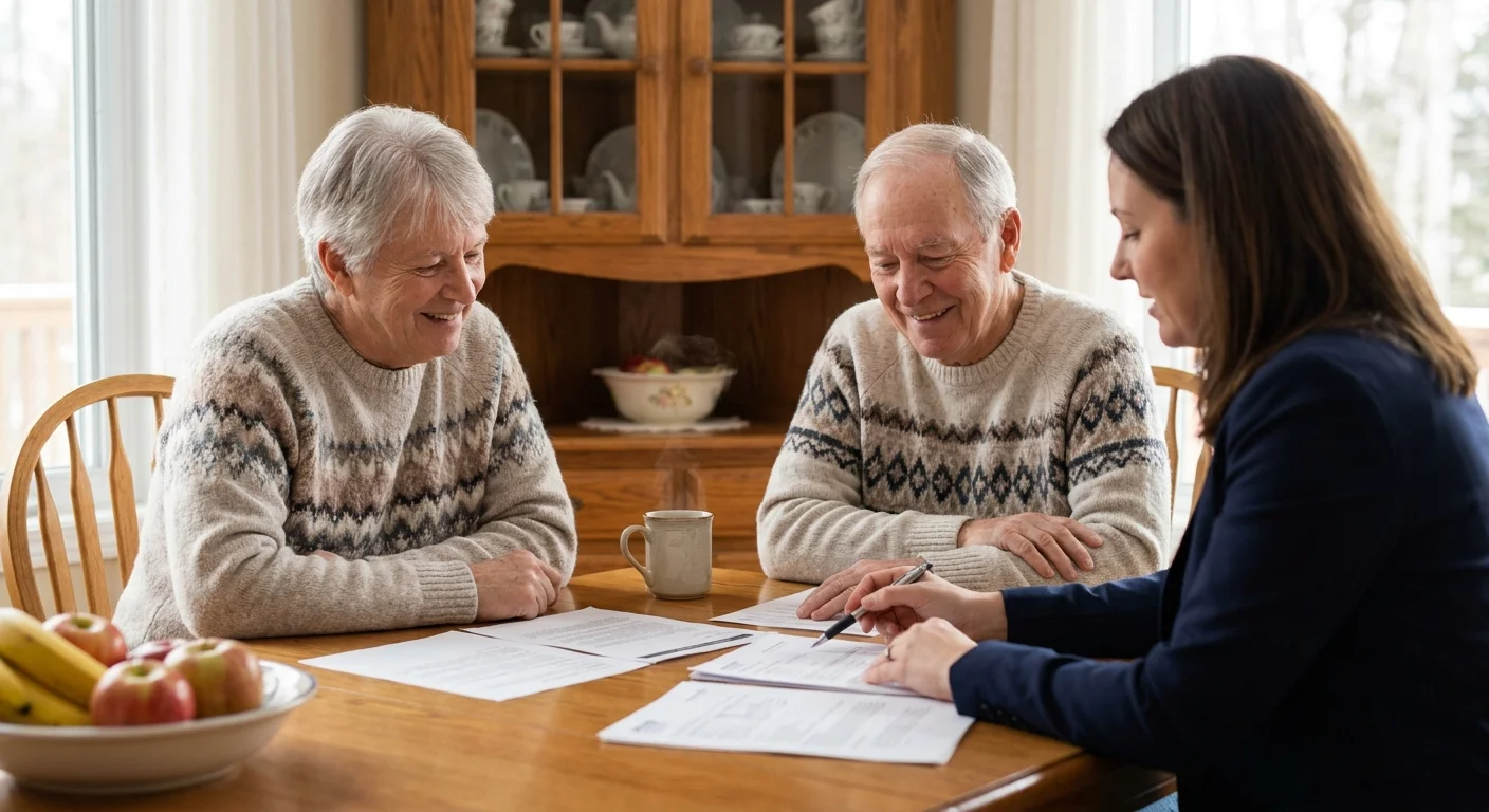 A couple consulting with a professional advisor at their kitchen table to discuss their retirement income strategy.