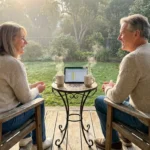 A couple in their 50s sitting peacefully on a sunny porch with coffee and a tablet, looking out at a garden.