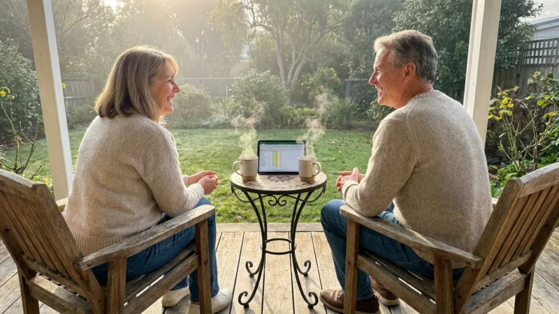 A couple in their 50s sitting peacefully on a sunny porch with coffee and a tablet, looking out at a garden.