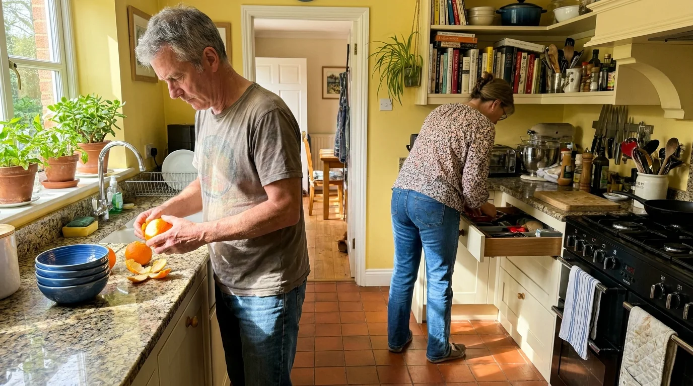 A couple in their 60s in a sunny kitchen, both occupied with different tasks in the same space.