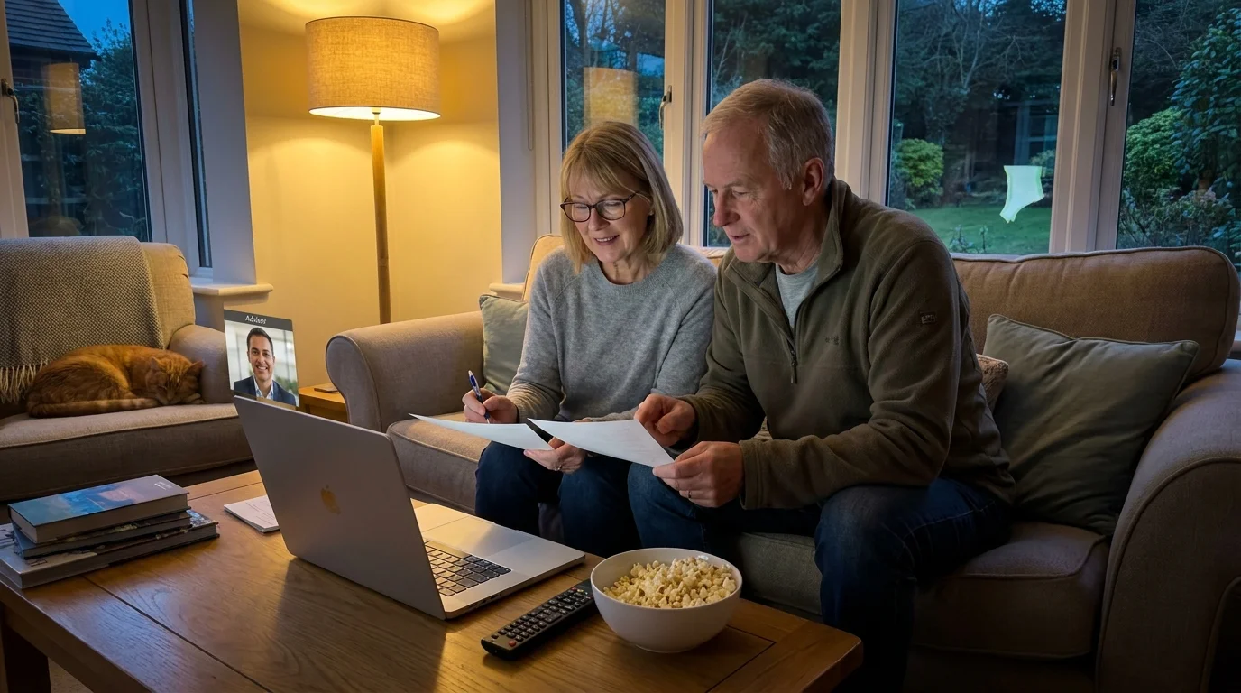 A couple in their living room having a video call with a financial advisor on their laptop, looking relieved.