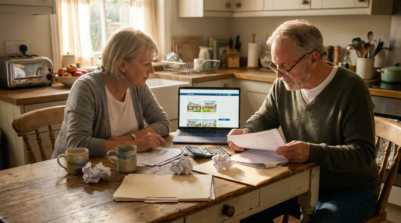 A couple sits at their kitchen table with a laptop and paperwork, appearing to plan their retirement move.