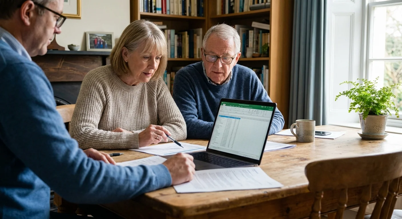 A couple sitting at a kitchen table with a financial advisor, looking over spreadsheets and documents together.