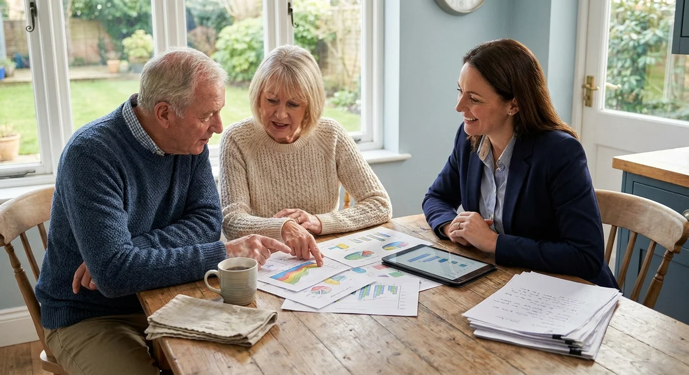 A couple sitting at home with a financial advisor, looking at retirement plans in a sunny, comfortable kitchen setting.