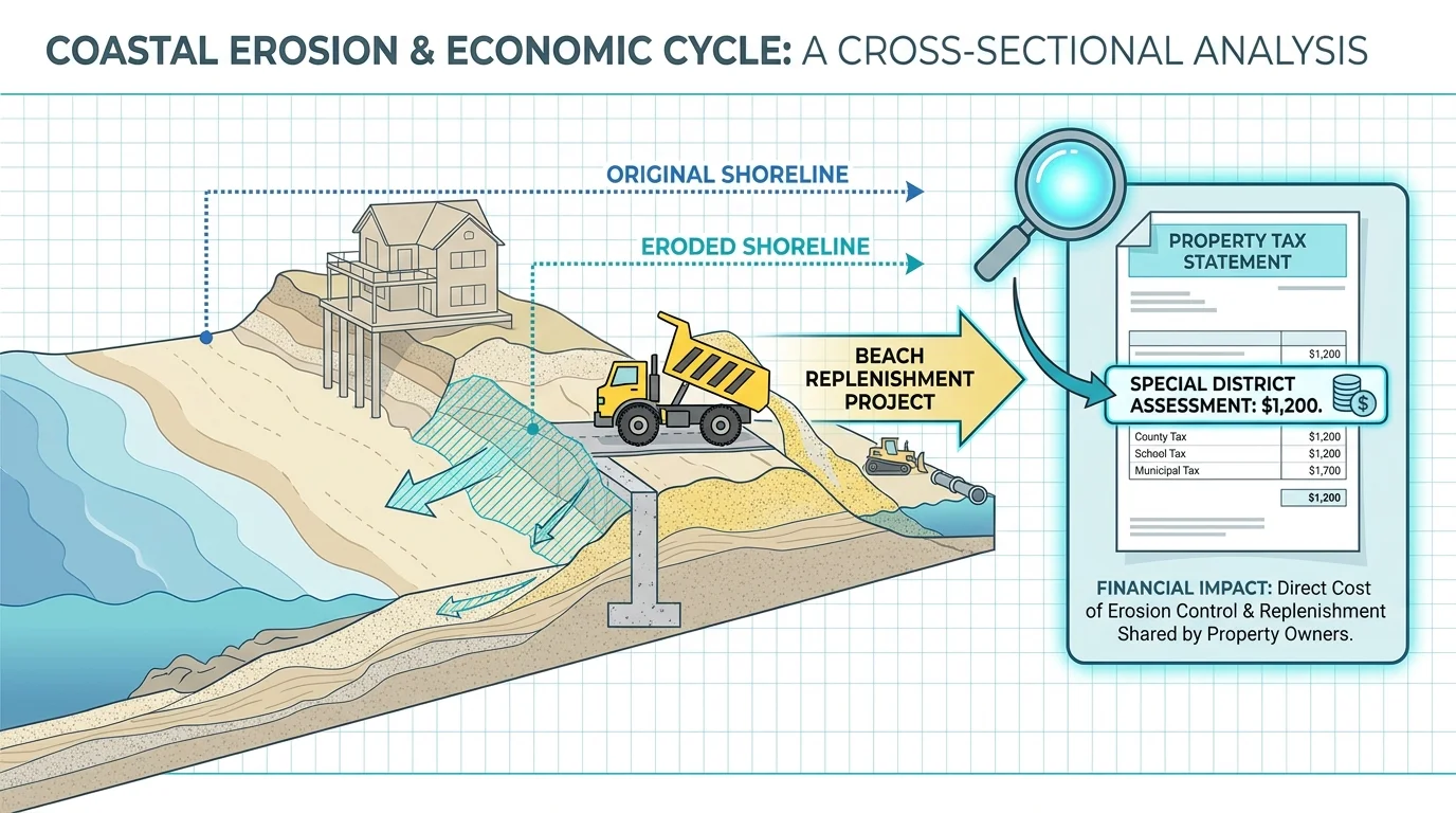 A cross-section diagram showing beach erosion and a tax bill callout for a beach replenishment assessment.