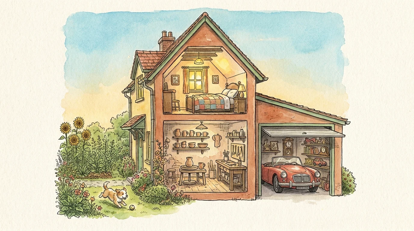 A cross-section illustration of a home showing different ways to earn income, from renting a room to selling crafts.