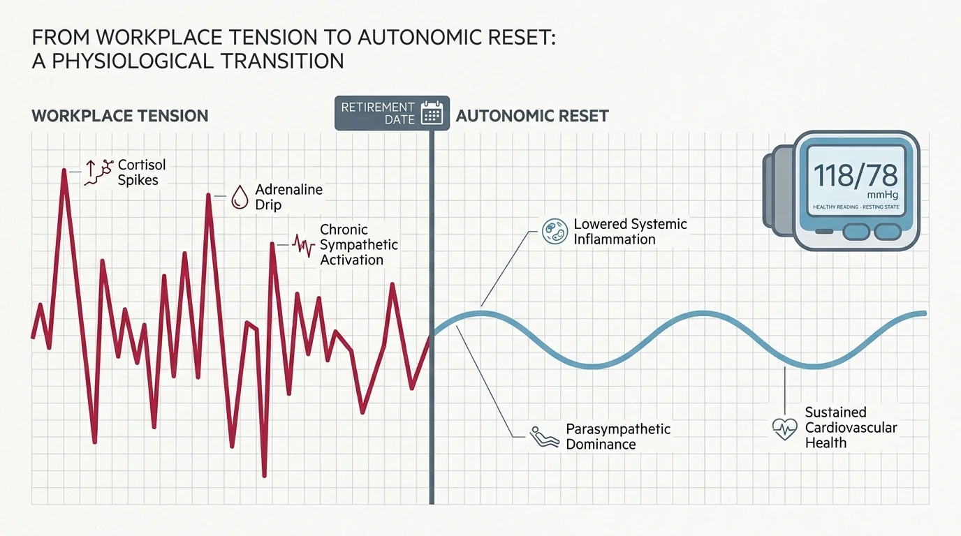 A data visualization showing blood pressure levels stabilizing and dropping after a retirement transition.