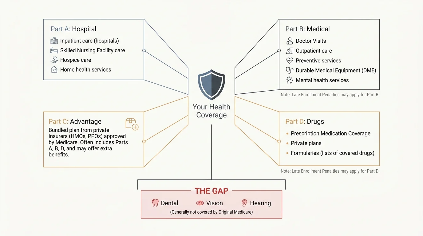 A diagram breaking down Medicare Parts A, B, C, and D, and highlighting the coverage gaps for dental and vision.