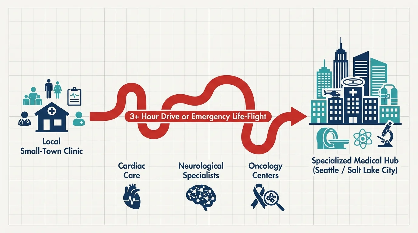A diagram showing a long distance between a small town clinic and specialized medical hubs in large cities.