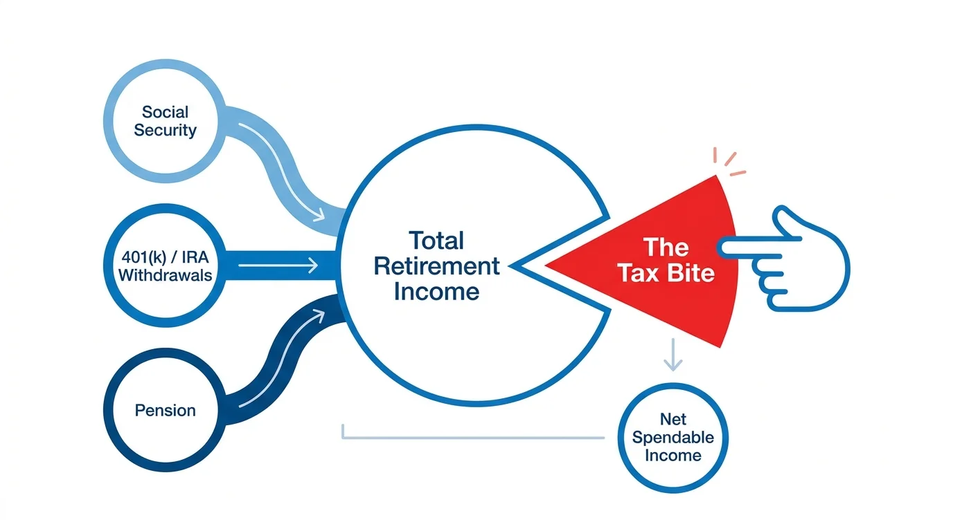 A diagram showing how taxes are deducted from different retirement income sources like Social Security and IRAs.