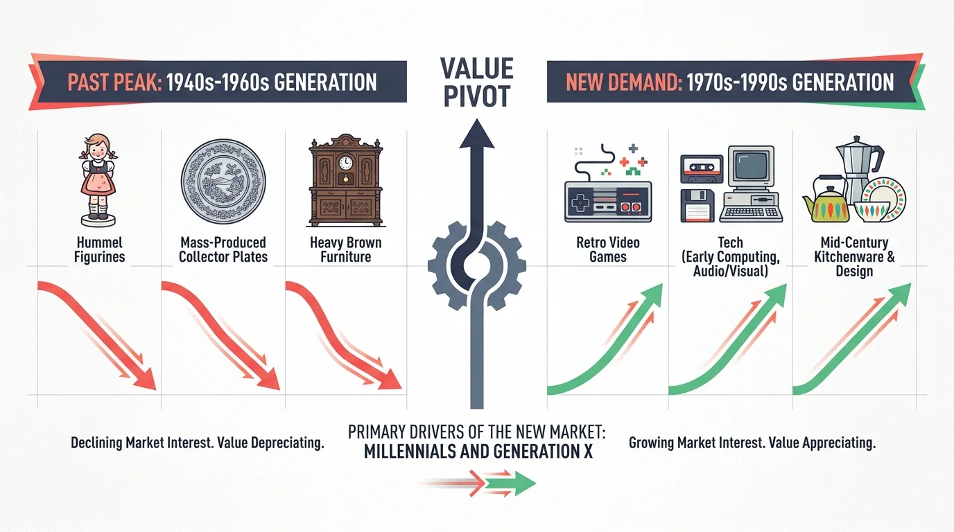 A diagram showing the shift from traditional collectibles like Hummel figurines to modern nostalgia items like retro tech and video games.