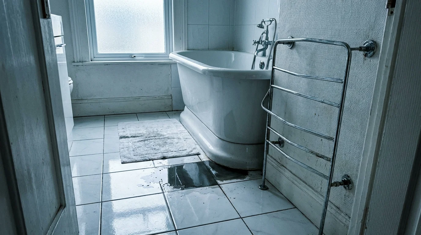 A downward-facing photo of a high-walled bathtub and a slippery-looking tile floor in a small bathroom.