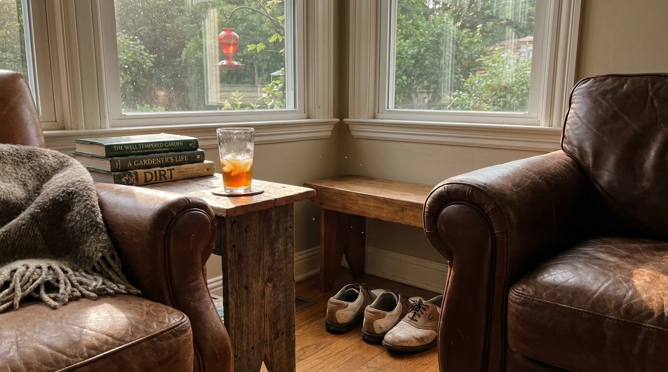 A dusty pair of golf shoes sits unused under a bench in a cozy room, contrasting with a nearby book and armchair.