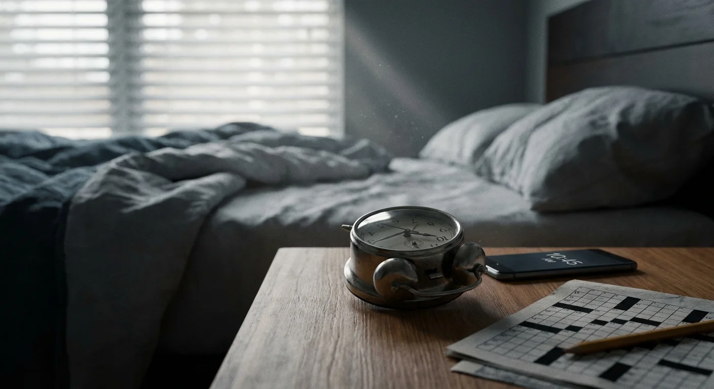 A facedown alarm clock and a phone showing 10:45 AM next to an unfinished crossword puzzle on a bedside table.