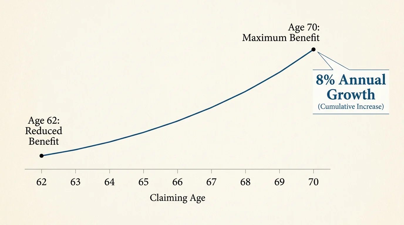 A financial chart showing the 8% annual growth of Social Security benefits for each year filing is delayed until age 70.