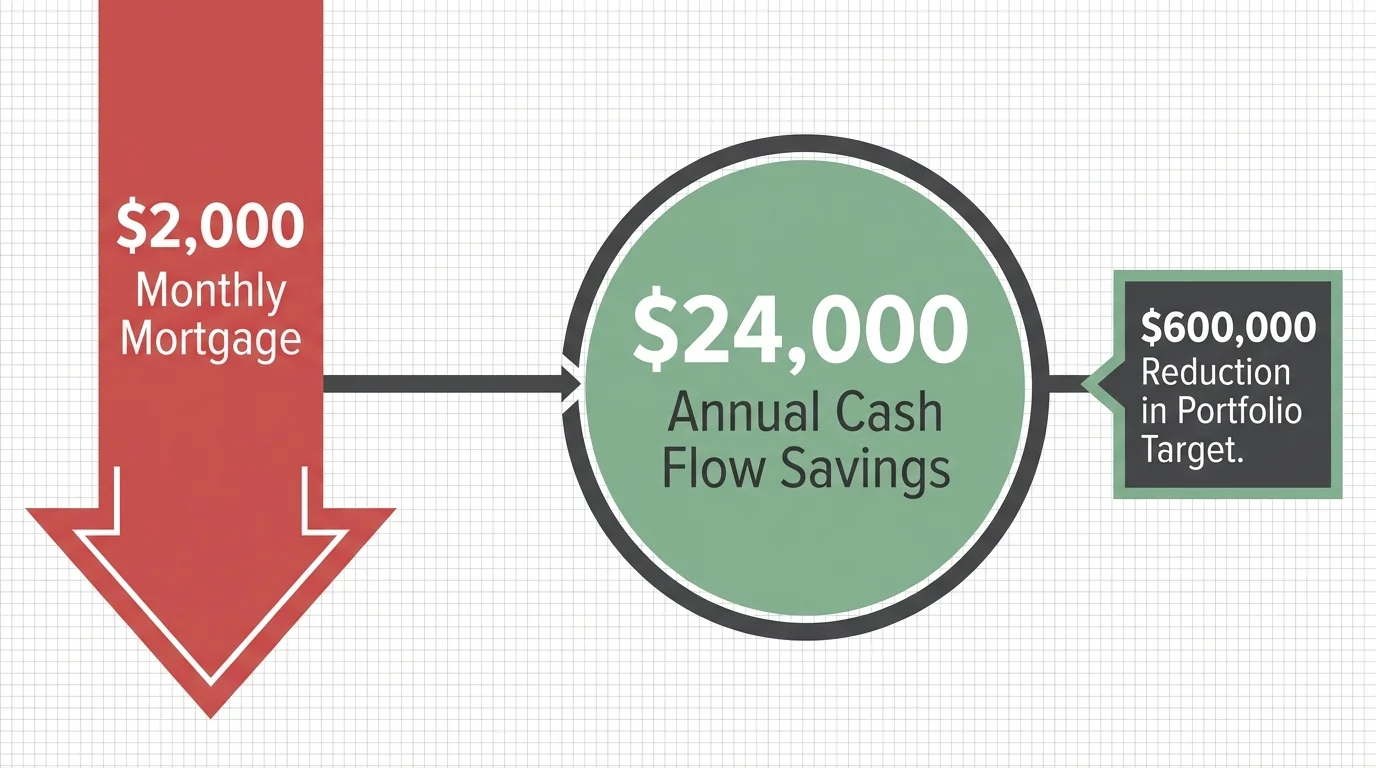 A financial diagram showing how eliminating a $2,000 mortgage reduces the required retirement portfolio by $600,000.