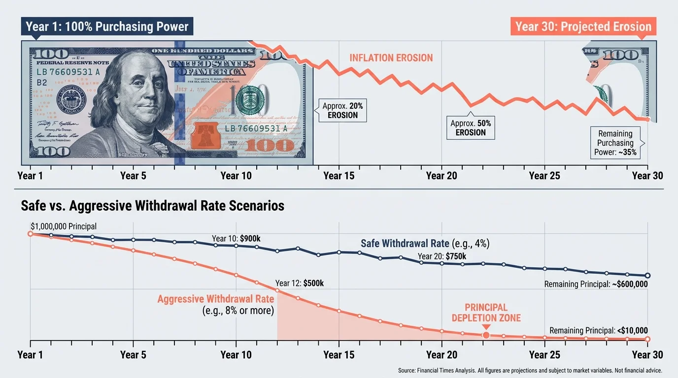 A financial diagram showing the erosion of a dollar's purchasing power over 30 years due to inflation and withdrawal rates.