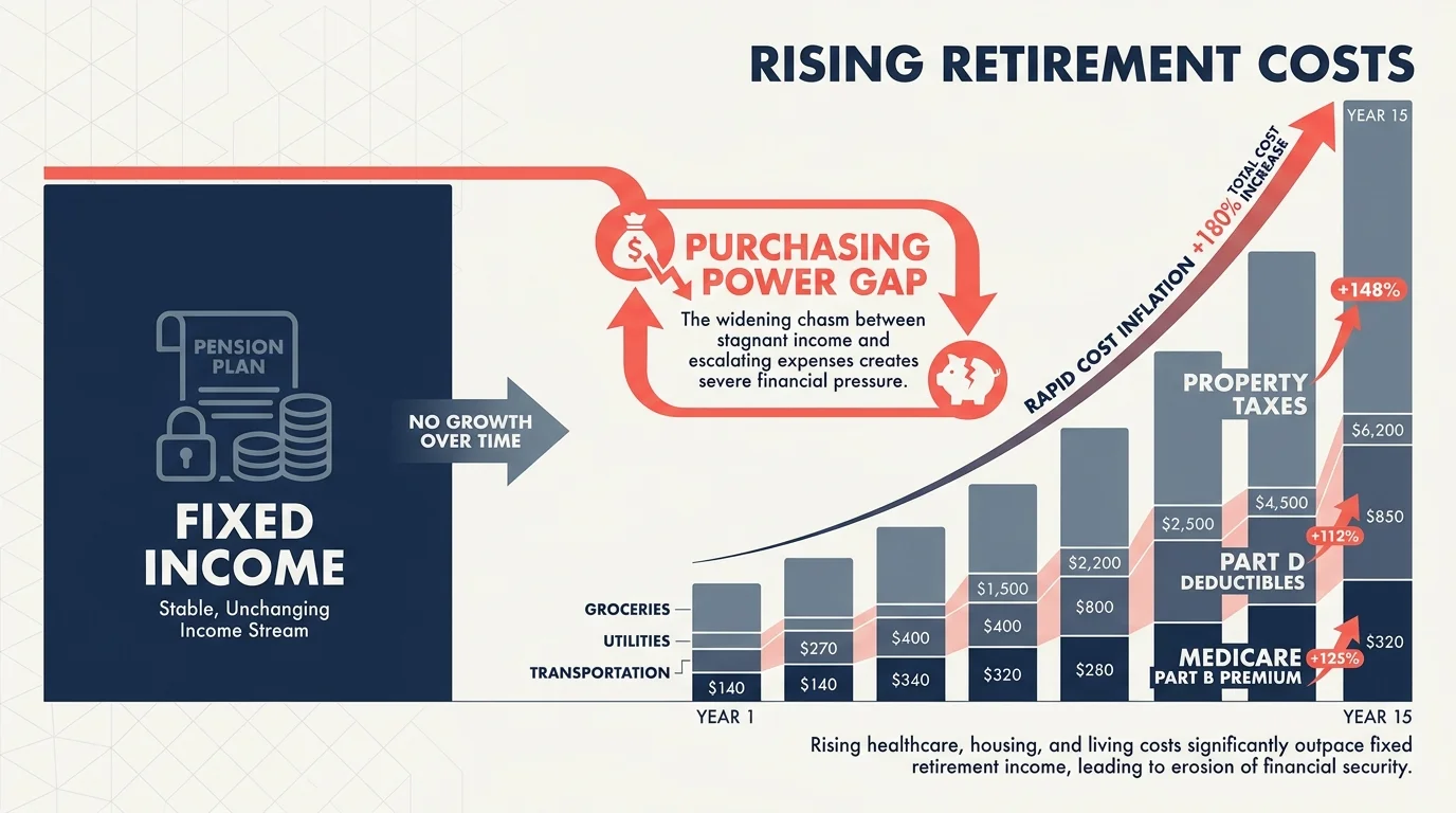 A financial diagram showing the gap between fixed retirement income and rising costs like Medicare premiums and taxes.