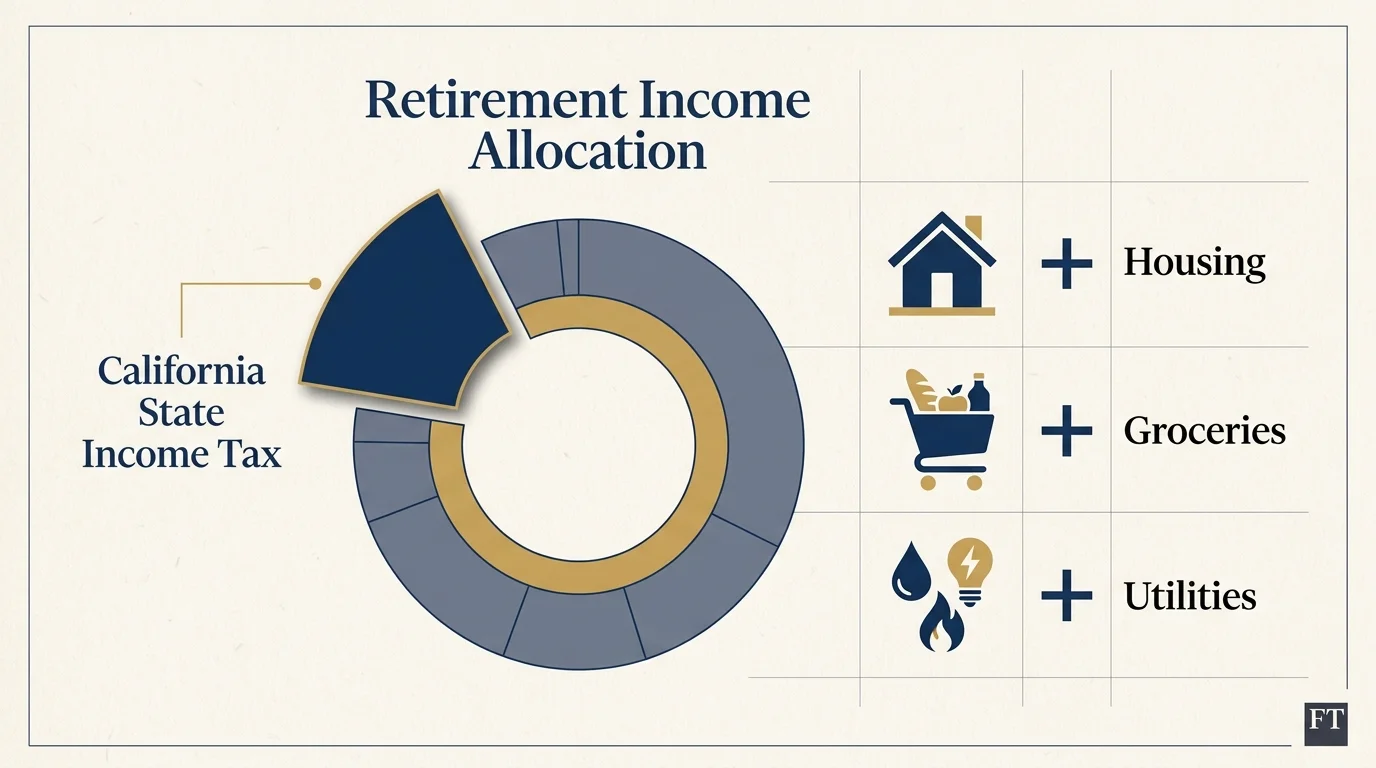 A financial diagram showing the significant impact of California state taxes on retirement income.