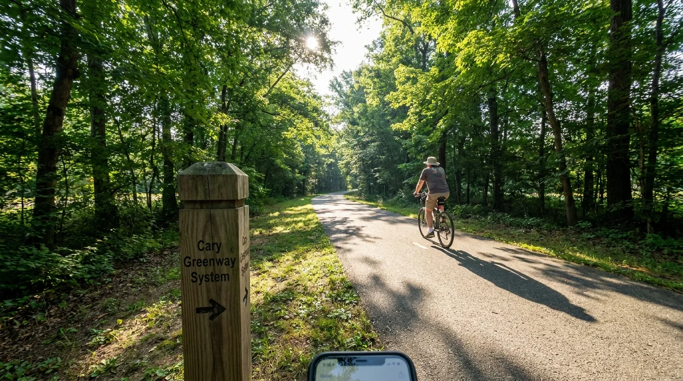 A first-person view of a paved walking and cycling trail surrounded by lush green trees in Cary, North Carolina.