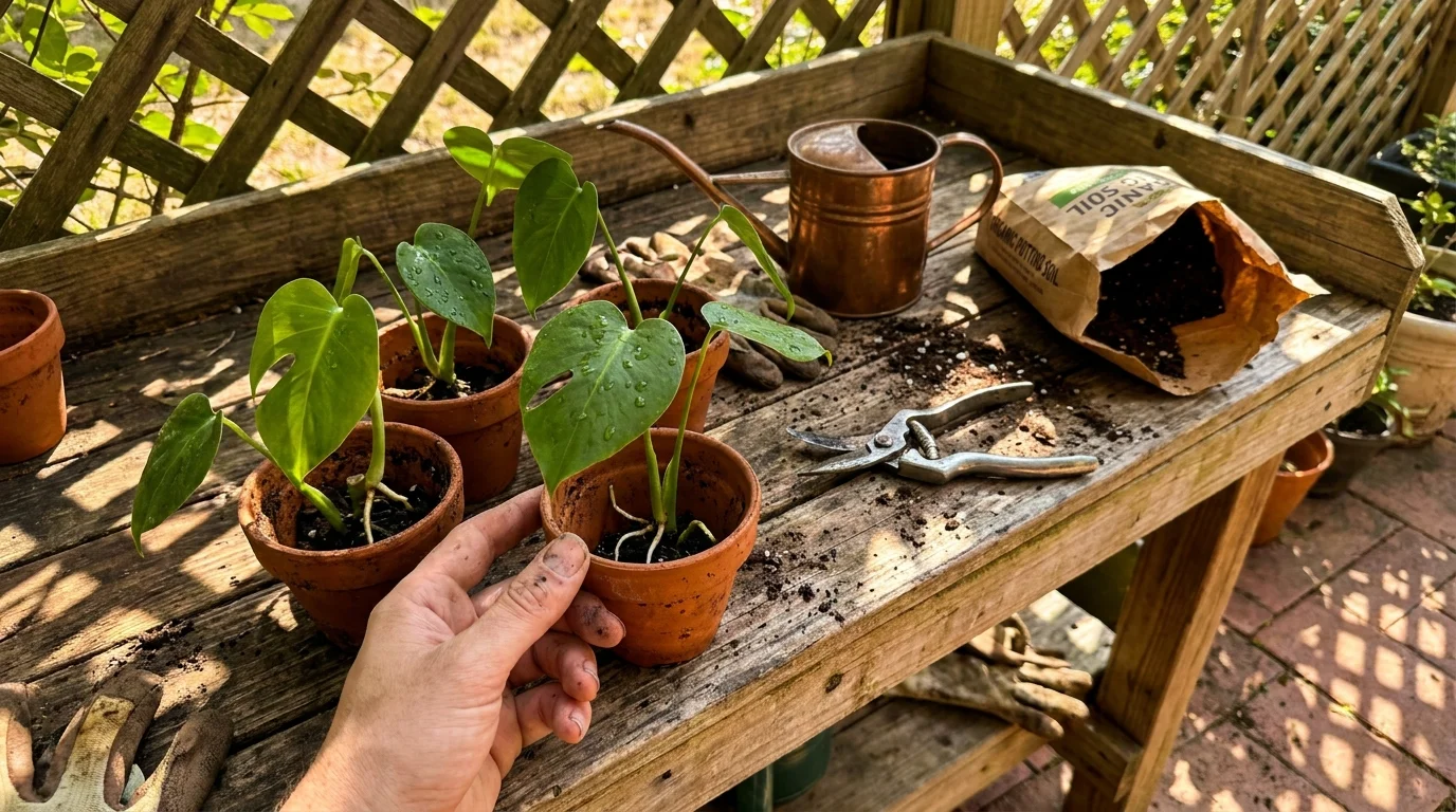 A first-person view of Monstera plant cuttings being potted in terracotta jars on a sunny garden bench.