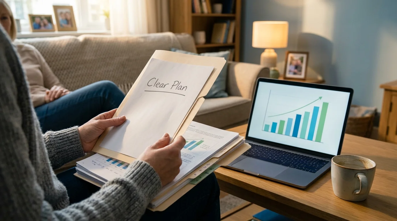 A first-person view of someone holding an organized financial folder labeled 'Clear Plan' in a comfortable living room.