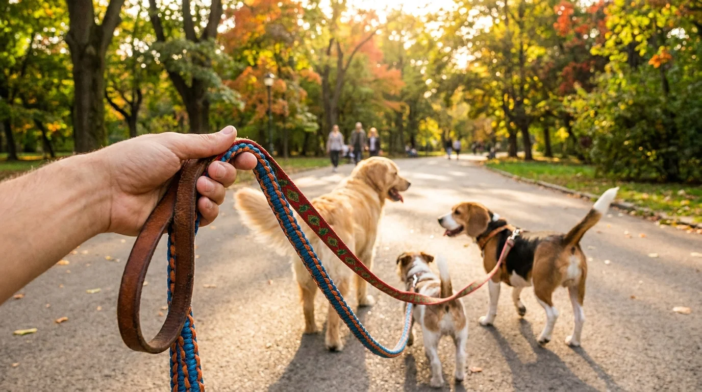 A first-person view of walking three different dogs on leashes through a sunlit park.